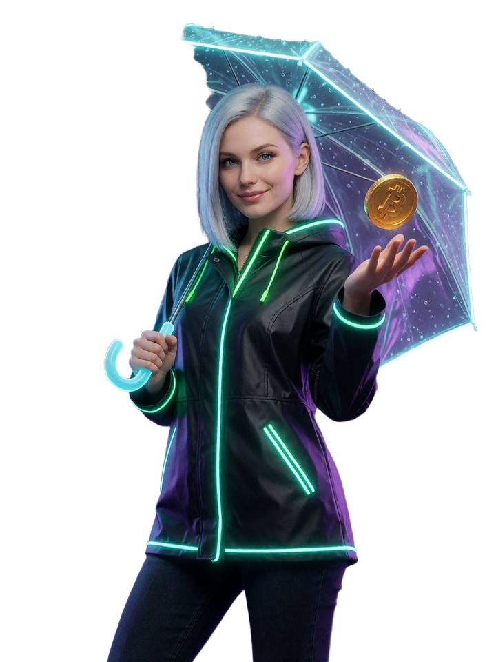 Model mit silbernen Haaren h&auml;lt leuchtenden Regenschirm, aus dem goldene und cyane Krypto-Coins regnen - Rainbet Willkommensbonus