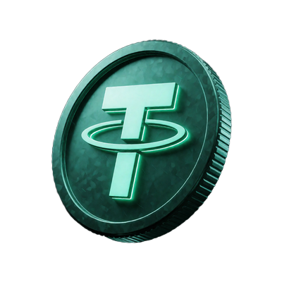 Leuchtende t&uuml;rkise Tether-USDT-M&uuml;nze mit gr&uuml;nem Neonrand f&uuml;r schnelle Auszahlungen im Rainbet Casino