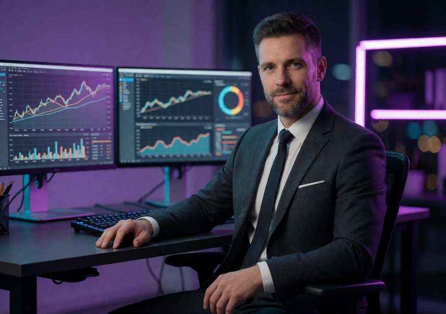 Pers&ouml;nlicher VIP-Manager Markus im Anzug am dunklen Schreibtisch mit Neon-Monitoren im Rainbet B&uuml;ro