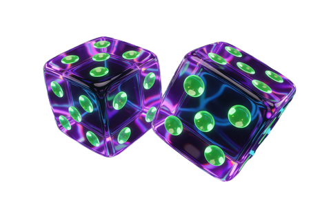 Zwei durchscheinende Neon-W&uuml;rfel rollen &uuml;ber ein leuchtendes Raster im Dice-Spiel von Rainbet