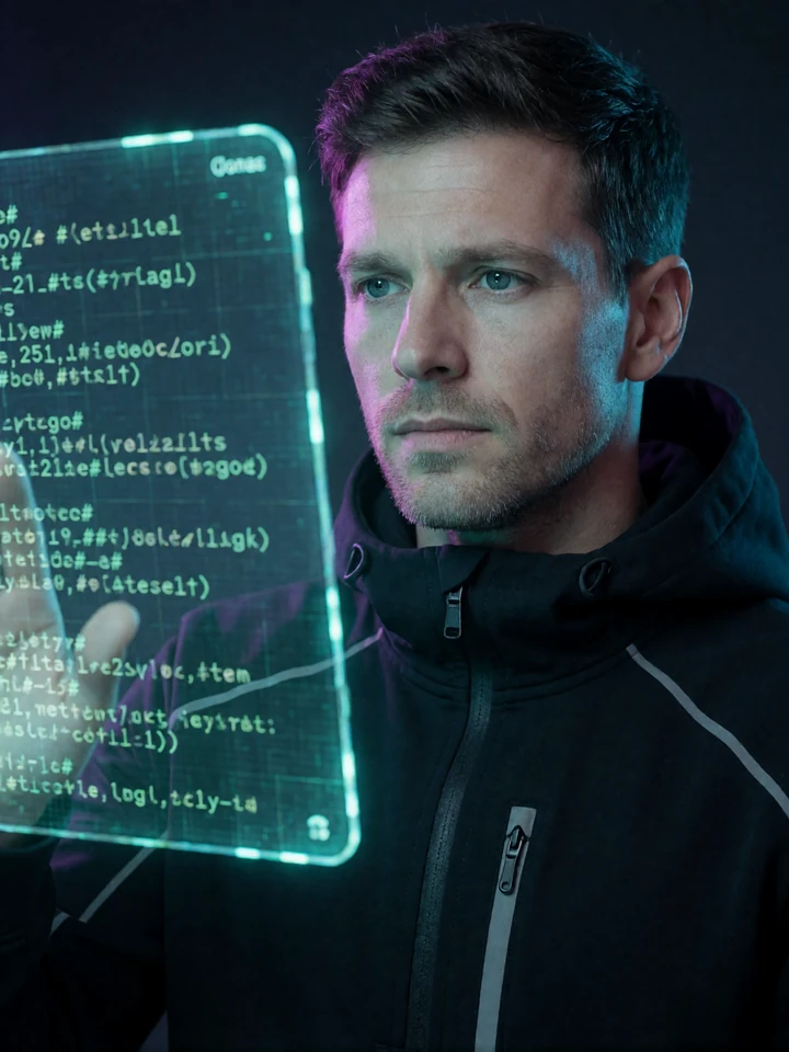Junger Mann im Tech-Wear-Hoodie pr&uuml;ft leuchtenden Code zur Verifizierung von Provably Fair Spielen
