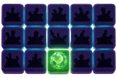 Mines-Raster mit aufgedecktem gr&uuml;n leuchtendem Edelstein und versteckten Minen im Rainbet Originals Spiel