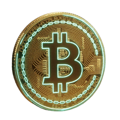 Leuchtende goldene Bitcoin-M&uuml;nze mit cyanfarbenem Neonrand als Zahlungsmittel im Rainbet Casino