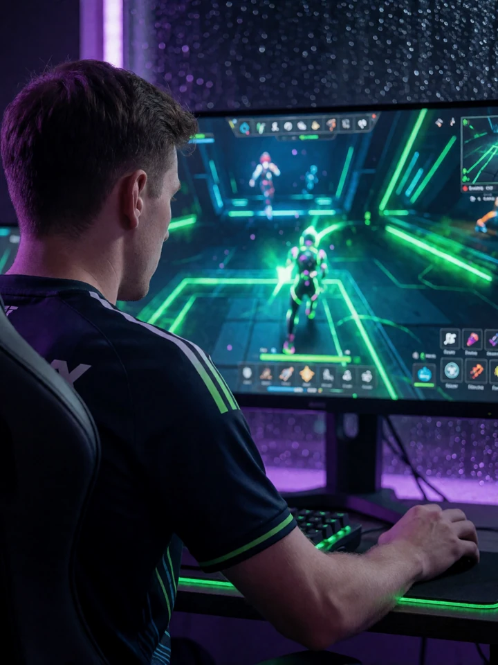 Junger Mann im Sporttrikot verfolgt ein Live-Esports-Match auf gro&szlig;em Monitor mit Neonlicht