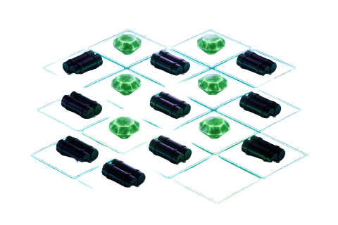 Mines-Spiel mit 5x5 Neon-Raster, Dynamitstangen und gr&uuml;n leuchtenden Edelsteinen bei Rainbet